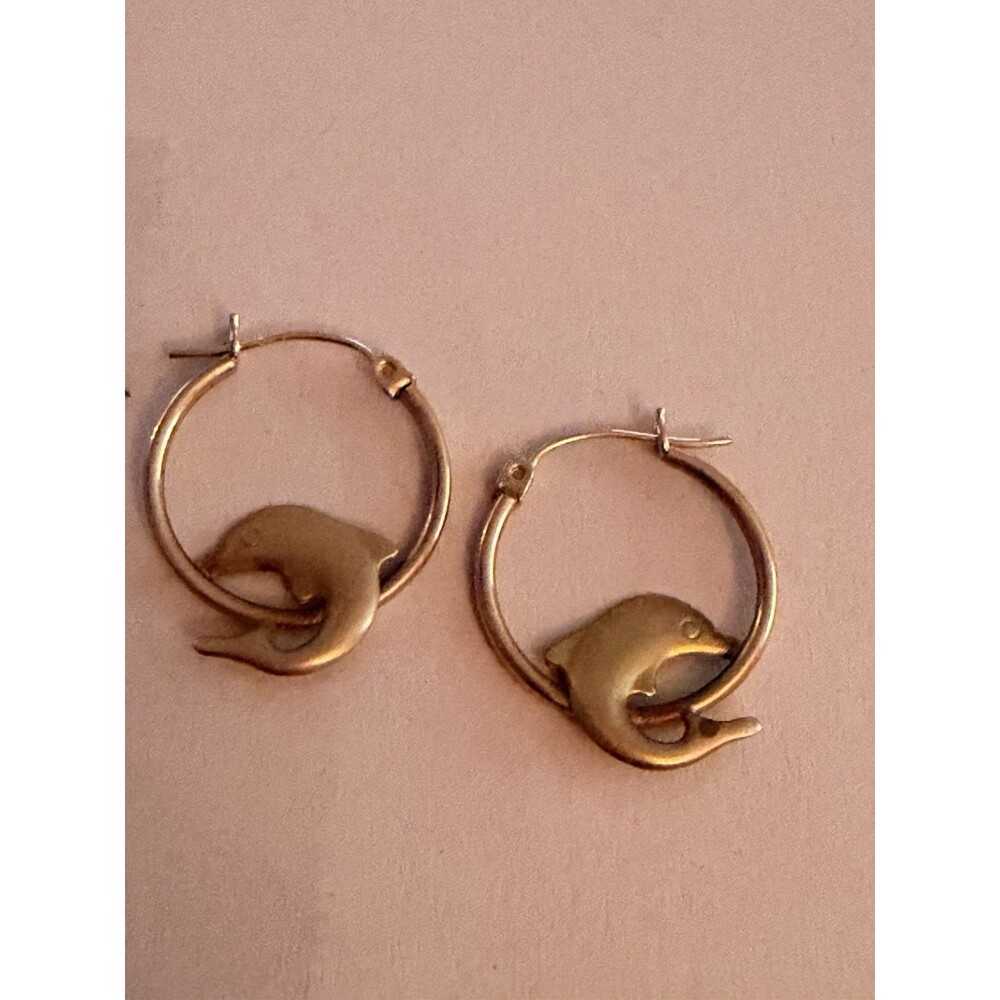 Vintage 90s 10k Yellow Gold Dolphin Hoop Earrings